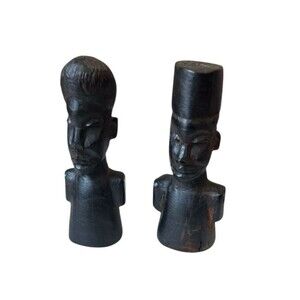 2 African Hand Carved Ebony Wood Busts 3"